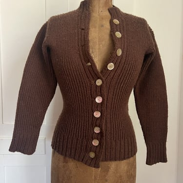 Vintage 1940s Brown Wool Knit Sweater Cardigan Button Down Fitted Top Secretary