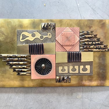 Vintage 1970s Large Brutalist Brass and Copper Abstract Wall Sculpture by Stephen Chun 