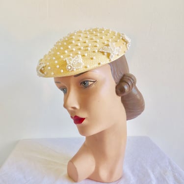 1950's 60's Light Yellow Straw Hat White Glass Beaded Trim 50's Spring Summer Millinery Retro Rockabilly I. Magnin Size 22.5 