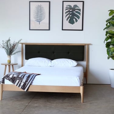 Mid Century Modern Platform Bed with Pendleton Upholstered Headboard | Solid Wood Storage Bed | Mid Century Bed | Modern Oak Bed 