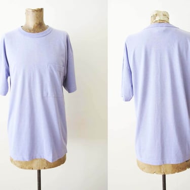 Vintage 90s Lavender Purple Cotton Pocket S Shirt S M - 1990s Solid Color Crewneck Short Sleeve Shirt 