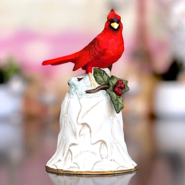 VINTAGE: 2000 - Avon Fine Collectibles Porcelain Cardinal Bird Bell in Box - Porcelain Bell Holly and Berries, Christmas Decor, 