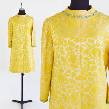 1960s Yellow Gold Brocade Party Dress | 60s Yellow MOD Shift Dress | Leslie Fay Original | Medium 