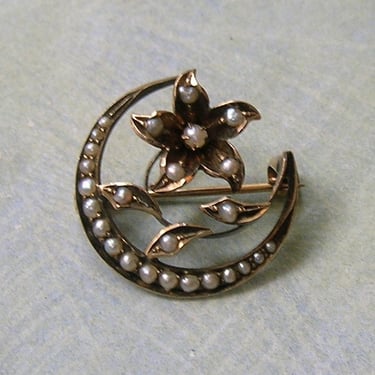 Antique 14K Gold Edwardian Brooch Pin With Half Pearls, Antique Honeymoon Pin, 14K Gold Brooch, Edwardian Peal Pin (#4339) 