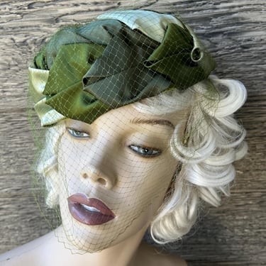 1950s green satin hat fabric folded emerald and sage netted pillbox cap 