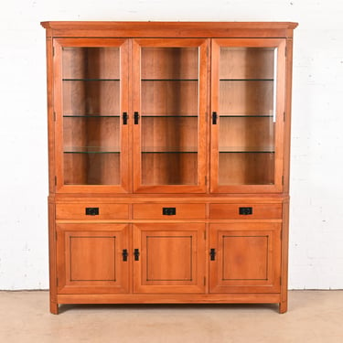 Stickley Shaker Arts and Crafts Cherry Wood Lighted Breakfront Bookcase Cabinet