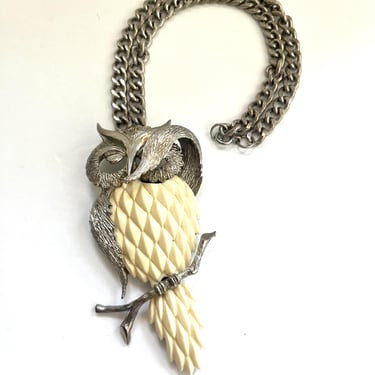 RAZZA Silver Owl Necklace, Faux Ivory Necklace, Mid Century Large Owl Pendant, Collectors Owl Necklace, Statement Jewelry, Signed Necklace 