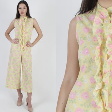 60s Colorful Yellow Floral Jumpsuit / Wide Leg Palazzo Jumpsuit / 1960s Disco Party Bell Bottoms 