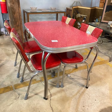 Red and Chrome Vintage Dinette Set with 4 Chairs