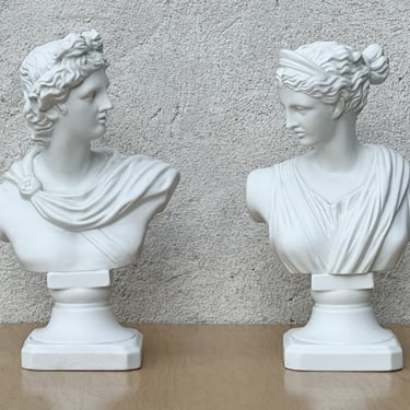 Pair Small White Classical Busts, Male and Female 
