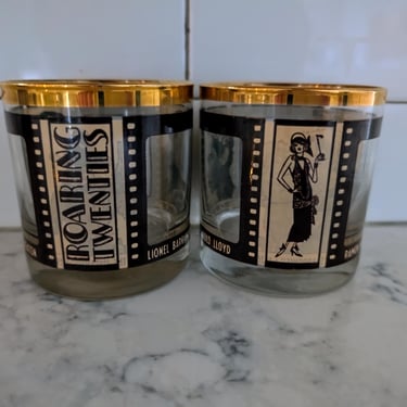 Vintage 1970s Hollywood Roaring Twenties Silent Film Stars Whiskey Lowball Glasses Barware 