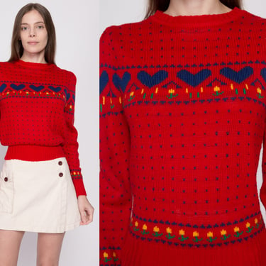 Medium 80s Red Fair Isle Heart Sweater | Retro Vintage Knit Puff Sleeve Pullover 