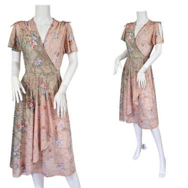 1970's Palest Blush Pink Grey Floral Print Wrap Dress I Sz Sm 