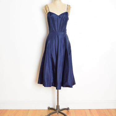 vintage 50s slip dress navy blue acetate simple lining full midi dress M 