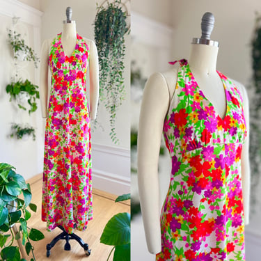 Vintage 1960s 1970s Maxi Dress | 60s 70s Hawaiian Floral Psychedelic Print Barkcloth Halter Open Back Sundress (x-small) 