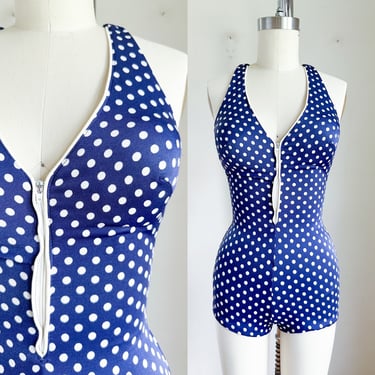 Vintage 1970s Navy Polka Dot Swimsuit / S 