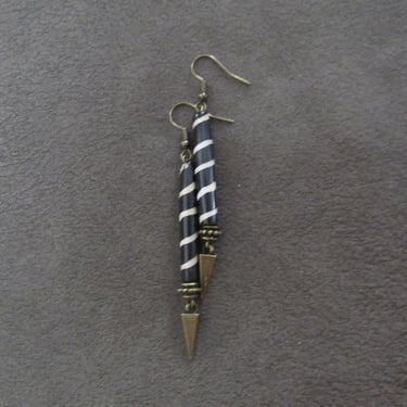 Batik print bone and hammered bronze earrings, stripe 
