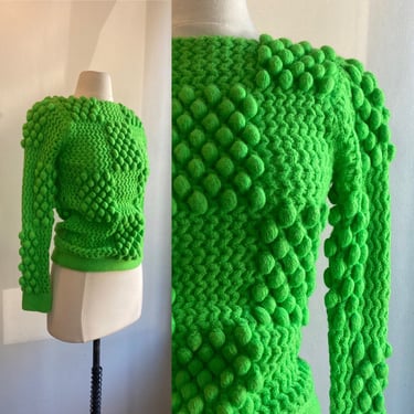 Wonderful 60s 70s LIME GREEN POPCORN Knit Sweater / Lined / Campus Casuals of California 