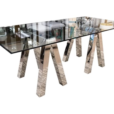Contemporary Modern Pace Style Polished Chrome Glass Dining Table Sawhorse Base 