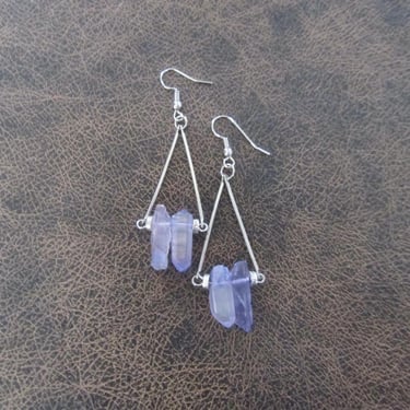 Raw quartz purple crystal earrings, rustic boho chic earrings, unique geode, silver 