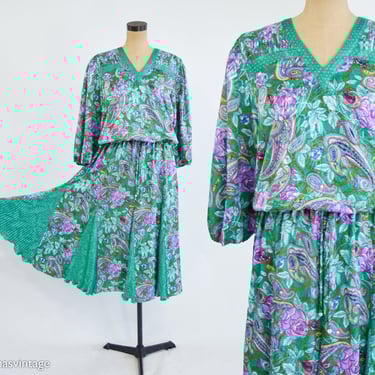 Diane Freis | 1980s Green Floral Blouse Skirt Set | 80s Floral Blouse & Skirt | Diane Freis |  Large 