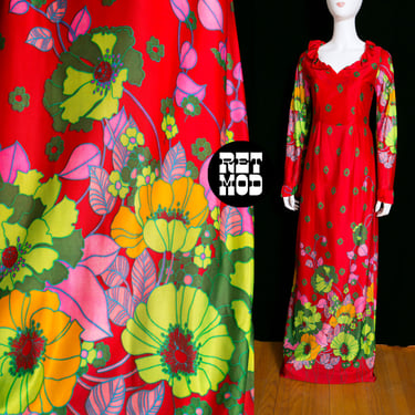 WOW Gorgeous Vintage 70s Red Green Flower Power Long Sleeve Maxi Dress 