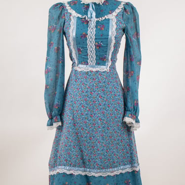 1970's Gunne Sax Style Light Blue Floral Girls Prairie Dress