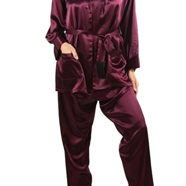 1940S Garnet Red Rayon Blend Satin 3-Piece Pajamas 