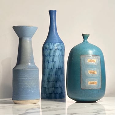 Set of 3 Blue matte glazed ceramic vases 