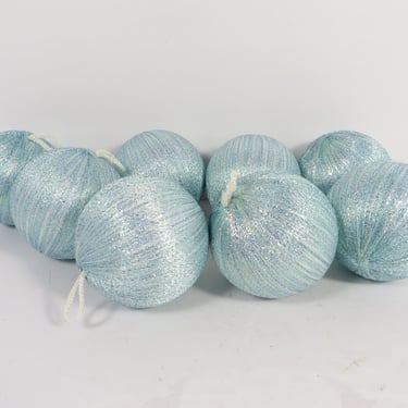 Vintage Aqua Satin String Ball Ornaments - 8 Pale Aqua Satin String Tree Ornaments 