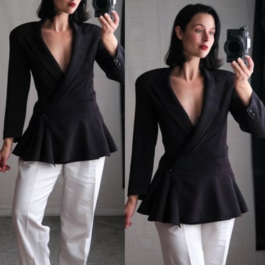 Vintage 80s CLAUDE MONTANA Black Double Breasted Drop Shoulder Peak Lapel Peplum Blazer | Made in Italy | 1980s French Designer Power Jacket 