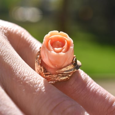 Beautiful 14K Coral Rose Ring, Carved Pink Coral Flower, Statement Ring, Size 4 US 