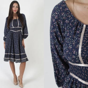 Navy Calico Gunne Sax Pockets Dress / 70s Country Folk Style / Jessica McClinotck Prairie Sundress 