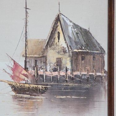 Original Sail Boat / Boat House Oil Painting, Vintage Framed Acrylic Art on Canvas by L. Hill 