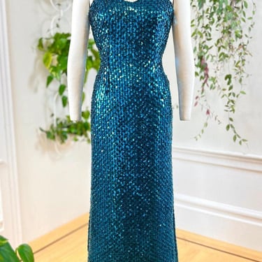 Vintage 1980s Party Dress | 80s Teal Sequin Sparkly Sleeveless Hourglass Wiggle Pin Up Glam Holiday Dance NYE Gown | small 