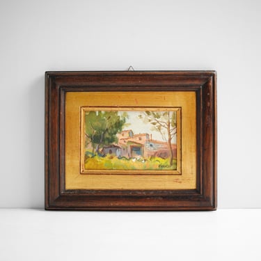 Vintage European Country House Framed Oil Painting 