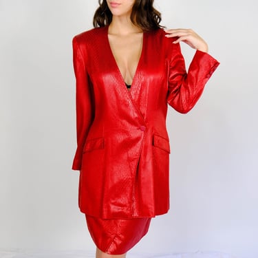 Vintage 80s HANAE MORI BOUTIQUE Cherry Red Textured Snakeskin Double Breasted Skirt Suit | Avant Garde, Streetwear | 1980s Designer Suit 