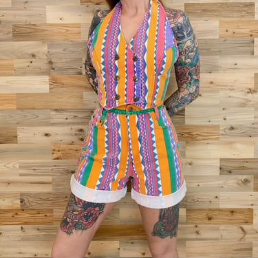 Vintage Be Bop Rainbow Striped Matching Shorts and Halter Top Set / Size Medium 