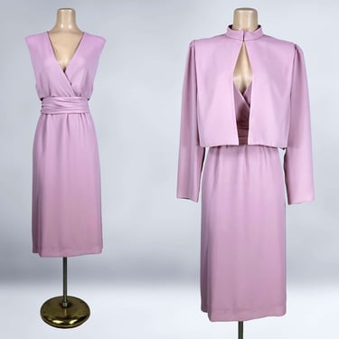 VINTAGE 80s Dusty Pink Crepe Dress, Jacket, and Belt Set 8/10 | 1980s Sophisticated 3 Pc Dress Suit | VFG 