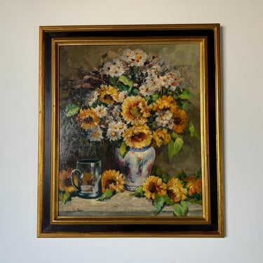 1980's Vintage S. Lee Still Life Of Sunflowers And Daisies On Vase Oil Painting,  Framed 