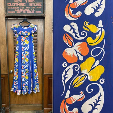 Vintage 1940’s “Watamulls” Holo Muu Border Rayon Tiki Hawaiian Dress, Vintage Hawaiian, Tiki Dress, Hostess Dress, Tropical, Vintage Rayon, 