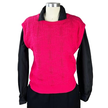 S-M 80s Hot Pink 100% Cotton Knit Top, Sleeveless Sweater Vest, Pullover Preppy New Wave Retro, 1980s Clothes Women Vintage Small to Medium 