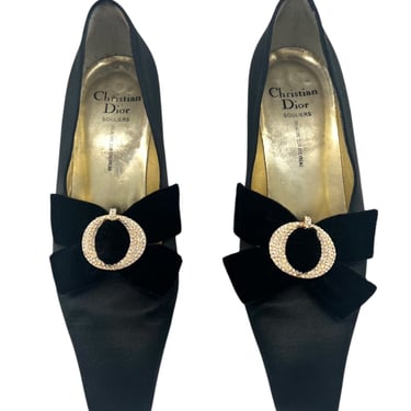 Christian Dior 70s Black Satin Velvet Rhinestone Buckle Pumps, 8 1/2