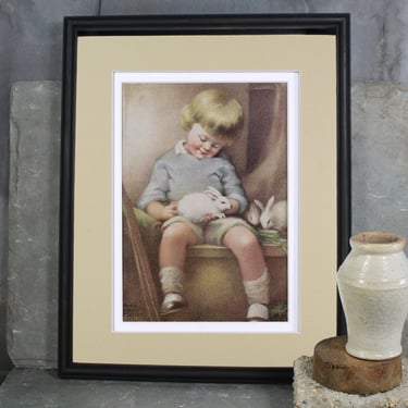 Annie Benson Muller Illustration Child with Bunnies | 1920s Vintage Art | Matted and Framed to Fit Standard 8x10