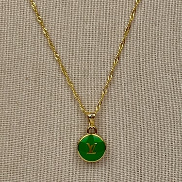 Canela Vintage Louis Vuitton Enamel Kelly Green LV Initial Double Sided Necklace