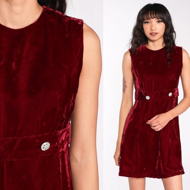 60s Velvet Dress Dark Red Babydoll Mod Mini Party Cocktail Rhinestone Formal 1960s Vintage Empire Waist Sleeveless MiniDress Prom Small S 