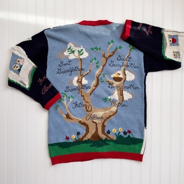 Eagle's Eye sweater 90s vintage family tree genealogy novelty print hand knit cardigan 