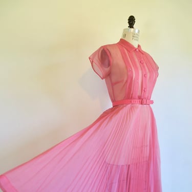 Vintage 1950's Pink Sheer Nylon Fit and Flare Dress Shirtwaist Pleated Pleated Full Skirt Rockabilly Swing Linda Lo 29.5" Waist Size Medium 