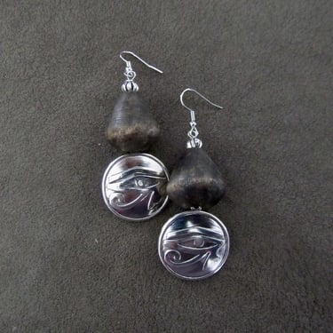 Silver and wooden Egyptian eye of Ra earrings 2 