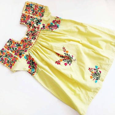 70s Embroidered Mexican Mini Dress Petite Small - Vintage 1970s Yellow Floral Bohemian Sundress 